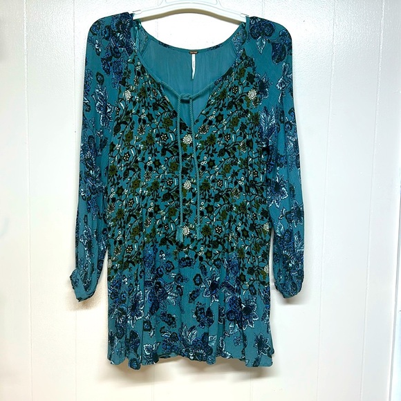 Free People Womens Lucky Loosie Dress Blue Floral Long Sleeve Mini Swing Flowy - Picture 1 of 10